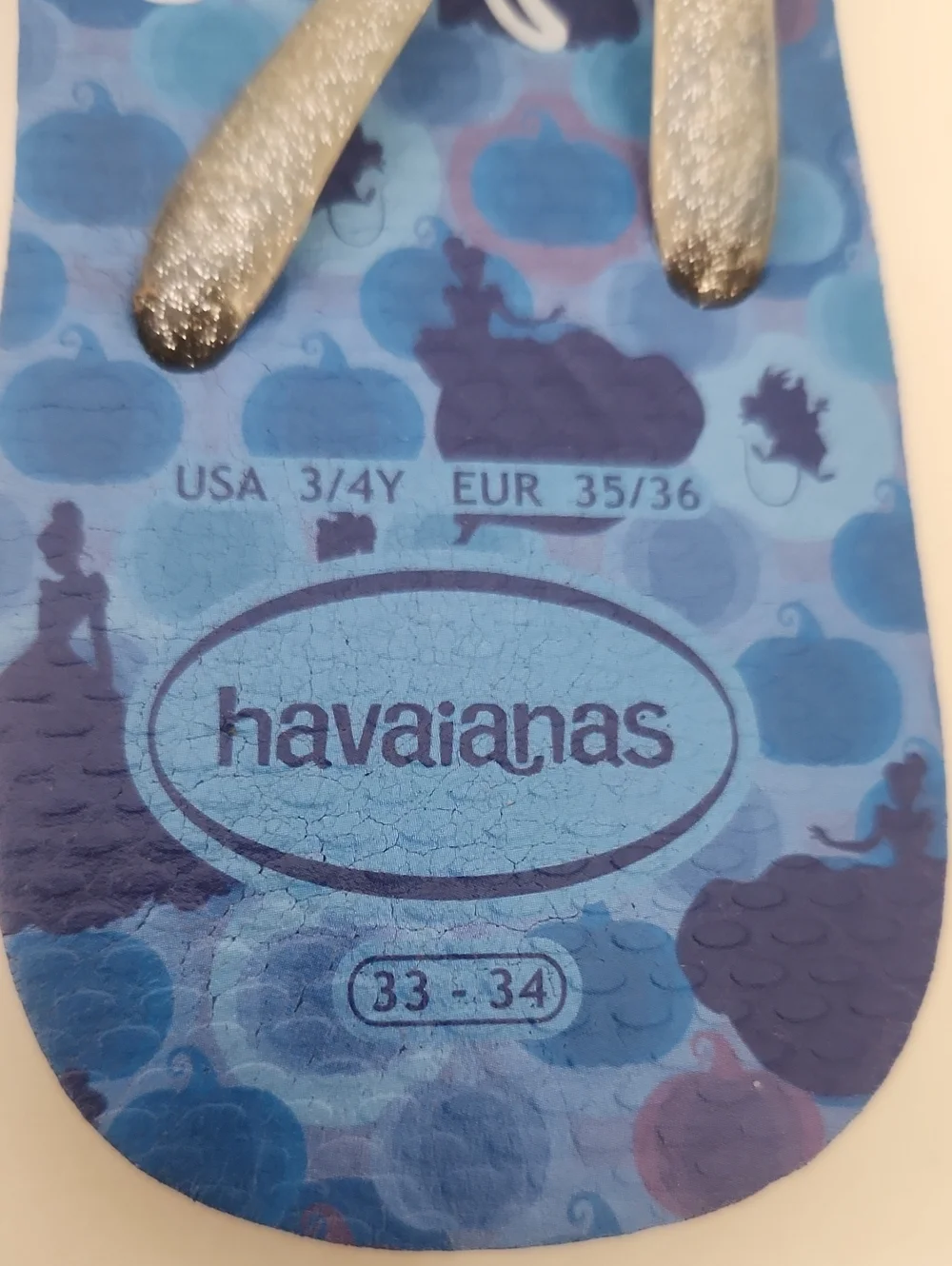 Havaianas Disney Cinderella Flip Flops Blue Glitter Straps Size 3/4 Kids Girls